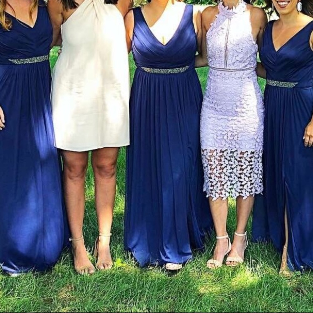 David's Bridal V-Neck Mesh Dress with Beaded Waist